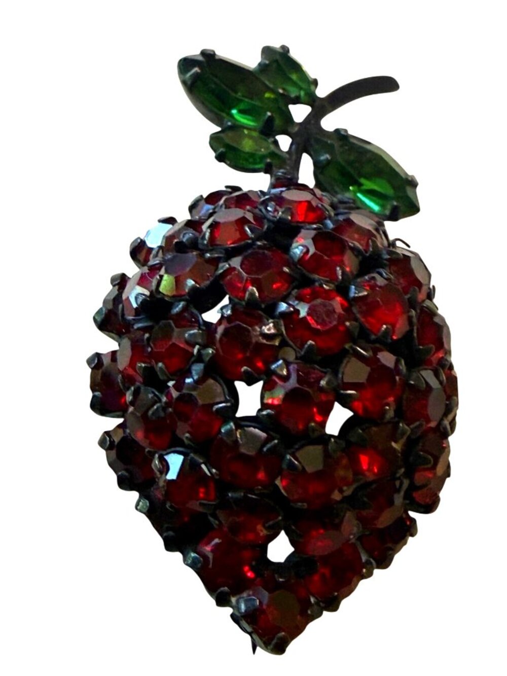 Vintage Signed Warner Strawberry Rhinestone Brooch With Red & Green Stones